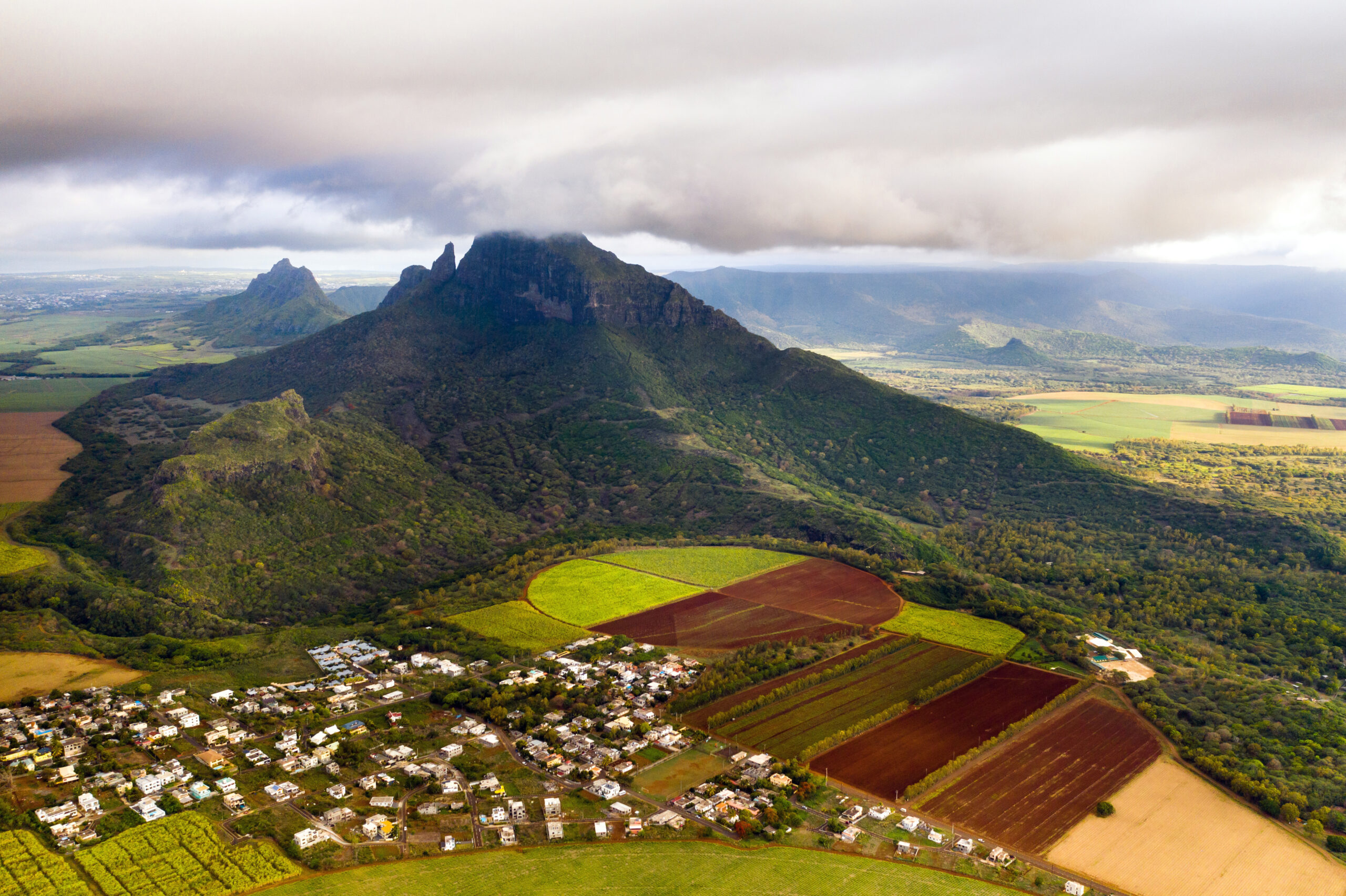 View from the height of the sown fields located on the island of Mauritius